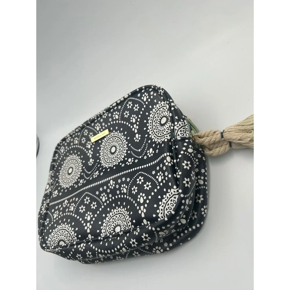 Sophia Joy Black White Mandala Double Zip Cosmetic Bag Teal Interior Tassel
